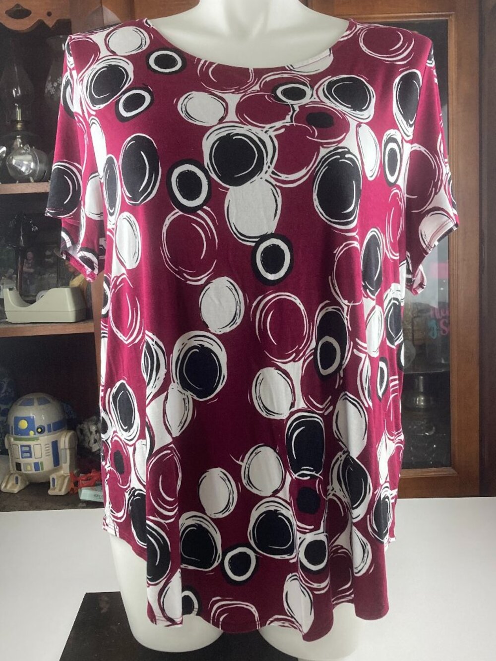 Alfani Women Blouse Top Abstract Print Burgundy Short Sleeve Relaxed Plus Sz 3x